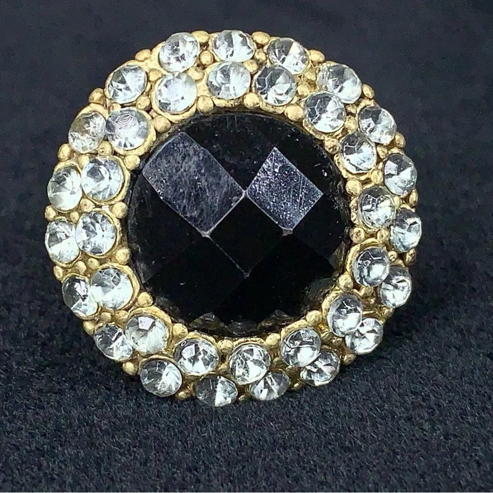Vintage Cocktail Ring Black Silver Rhinestone Accents Adjustable Fit Goth Glam